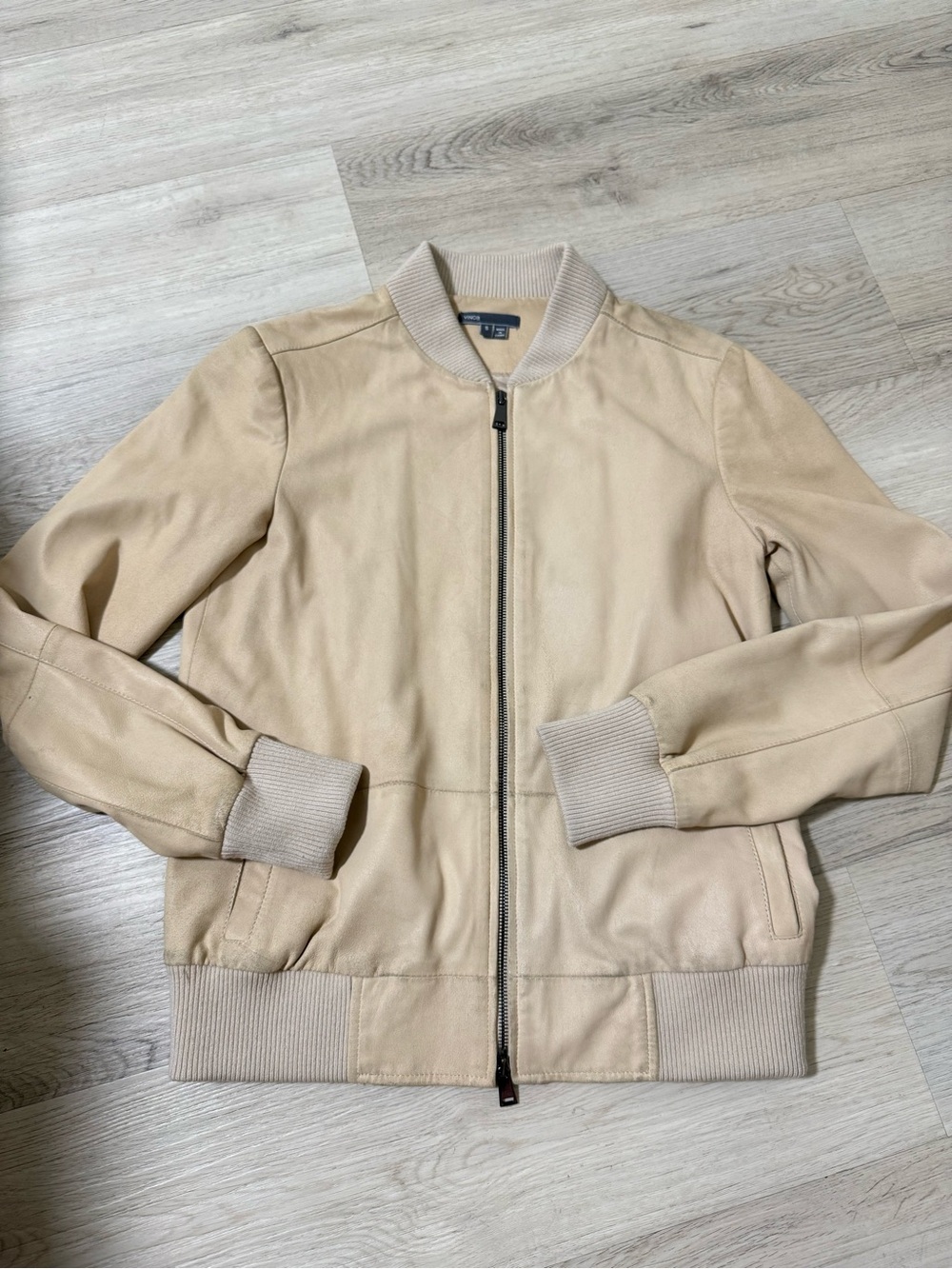 Vince Beige 100% Goat Leather Bomber Jacket Women’s Size S Knit Collar Sleeves